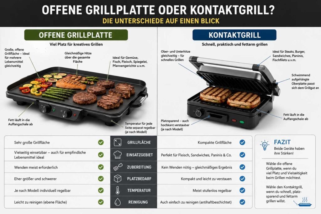 Offene Grillplatte oder Kontaktgrill: Unterschiede bei Aufbau und Hitzeverteilung