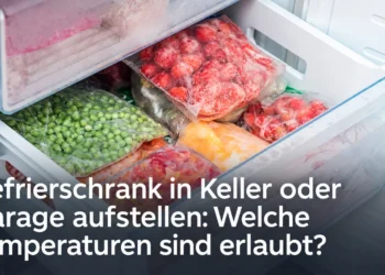 Geöffnete Gefrierschublade mit Gefriergut und dem Titel Gefrierschrank in Keller oder Garage aufstellen: Welche Temperaturen sind erlaubt?