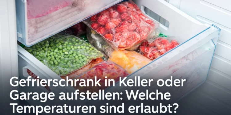 Geöffnete Gefrierschublade mit Gefriergut und dem Titel Gefrierschrank in Keller oder Garage aufstellen: Welche Temperaturen sind erlaubt?