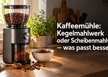 Titelbild mit Kaffeemühle und der Überschrift Kegelmahlwerk oder Scheibenmahlwerk – was passt besser?