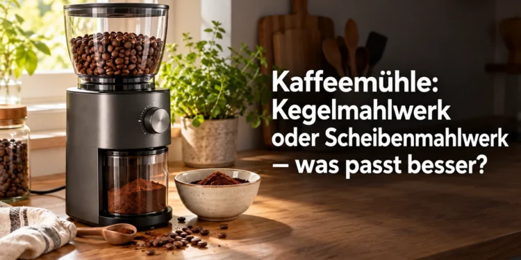 Titelbild mit Kaffeemühle und der Überschrift Kegelmahlwerk oder Scheibenmahlwerk – was passt besser?