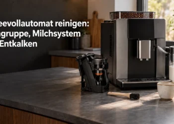 Kaffeevollautomat mit herausgenommener Brühgruppe und Milchbehälter; Titel im Bild: Kaffeevollautomat reinigen: Brühgruppe, Milchsystem und Entkalken