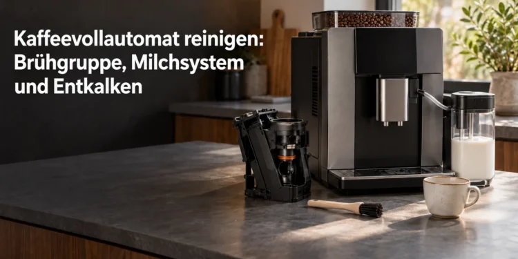 Kaffeevollautomat mit herausgenommener Brühgruppe und Milchbehälter; Titel im Bild: Kaffeevollautomat reinigen: Brühgruppe, Milchsystem und Entkalken