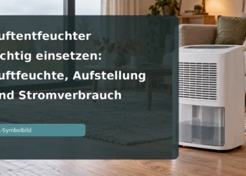 Fotorealistisches KI-Symbolbild eines Luftentfeuchters im Wohnzimmer – Luftentfeuchter richtig einsetzen: Luftfeuchte, Aufstellung und Stromverbrauch