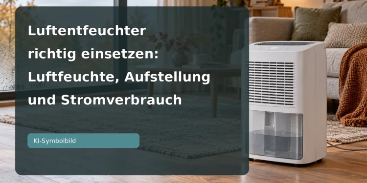 Fotorealistisches KI-Symbolbild eines Luftentfeuchters im Wohnzimmer – Luftentfeuchter richtig einsetzen: Luftfeuchte, Aufstellung und Stromverbrauch