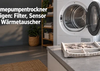 Wärmepumpentrockner reinigen: Filter, Sensor und Wärmetauscher – symbolisches Bild eines unmarkierten Wäschetrockners mit Flusenfilter