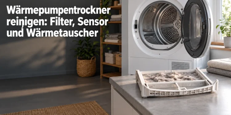 Wärmepumpentrockner reinigen: Filter, Sensor und Wärmetauscher – symbolisches Bild eines unmarkierten Wäschetrockners mit Flusenfilter