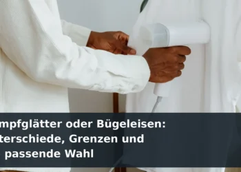 Person glättet ein hängendes weißes Hemd mit einem Dampfglätter; Titel: Dampfglätter oder Bügeleisen: Unterschiede, Grenzen und die passende Wahl