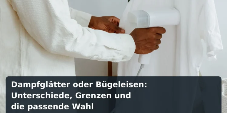 Person glättet ein hängendes weißes Hemd mit einem Dampfglätter; Titel: Dampfglätter oder Bügeleisen: Unterschiede, Grenzen und die passende Wahl