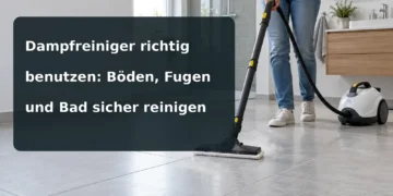 Markenloser Dampfreiniger säubert einen Fliesenboden im Bad; eingeblendet ist der vollständige Artikeltitel
