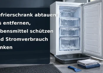 Vereister Gefrierschrank mit Auffangschale und Tüchern; Titel: Gefrierschrank abtauen: Eis entfernen, Lebensmittel schützen und Stromverbrauch senken