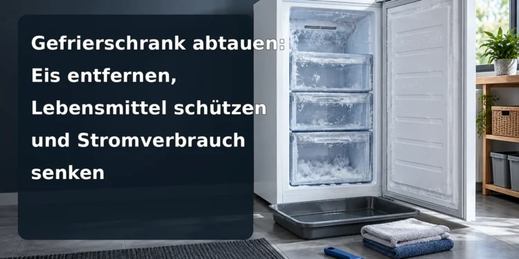 Vereister Gefrierschrank mit Auffangschale und Tüchern; Titel: Gefrierschrank abtauen: Eis entfernen, Lebensmittel schützen und Stromverbrauch senken
