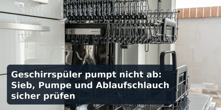 Geöffneter leerer Geschirrspüler mit eingeblendetem Artikeltitel