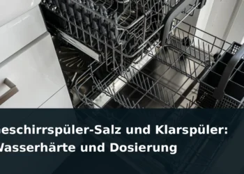 Offener Geschirrspüler mit ausgezogenem Korb; Titel: Geschirrspüler-Salz und Klarspüler: Wasserhärte und Dosierung
