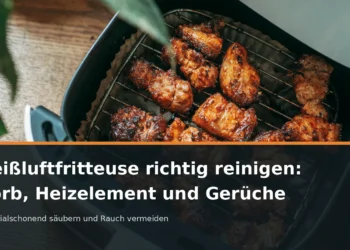 Heißluftfritteuse richtig reinigen: Korb, Heizelement und Gerüche – geöffnete Heißluftfritteuse mit Gargut