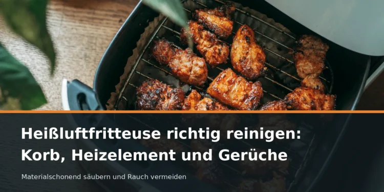 Heißluftfritteuse richtig reinigen: Korb, Heizelement und Gerüche – geöffnete Heißluftfritteuse mit Gargut