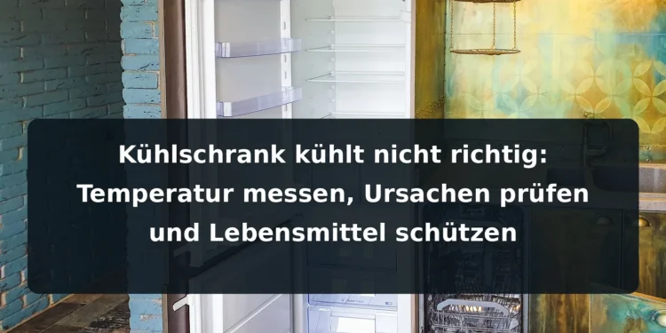 Geöffneter Kühlschrank in einer Küche; Titel: Kühlschrank kühlt nicht richtig: Temperatur messen, Ursachen prüfen und Lebensmittel schützen