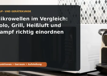 Freistehende Mikrowelle in einer Küche; Titel: Mikrowellen im Vergleich: Solo, Grill, Heißluft und Dampf richtig einordnen