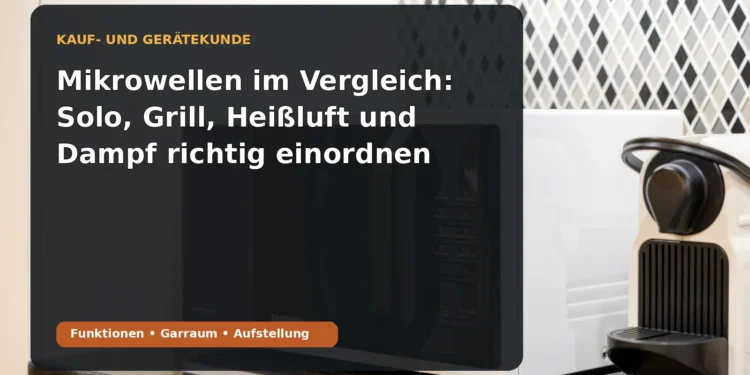 Freistehende Mikrowelle in einer Küche; Titel: Mikrowellen im Vergleich: Solo, Grill, Heißluft und Dampf richtig einordnen