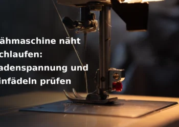 Nadel und Nähfuß einer Nähmaschine mit Faden; Titel: Nähmaschine näht Schlaufen: Fadenspannung und Einfädeln prüfen