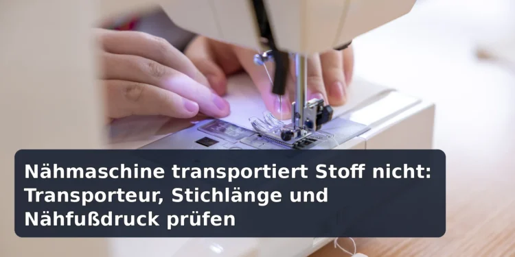 Nähmaschine beim Stofftransport mit eingeblendetem Artikeltitel