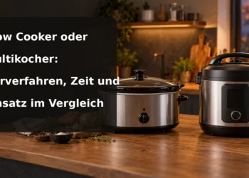 Slow Cooker und Multikocher in einer Küche; eingeblendet ist der vollständige Artikeltitel