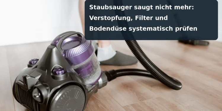 Bodenstaubsauger mit Staubbehälter und Schlauch; Titel: Staubsauger saugt nicht mehr: Verstopfung, Filter und Bodendüse systematisch prüfen