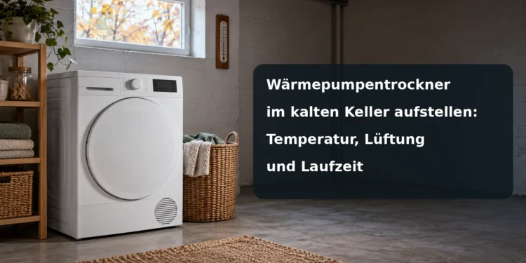 KI-Symbolbild: generischer Wäschetrockner in einem kühlen, trockenen Kellerraum mit Thermometer