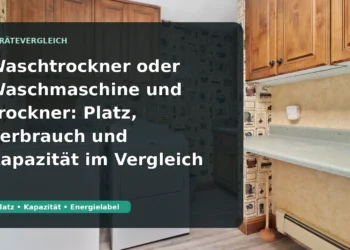 Waschmaschine und Trockner in einem Hauswirtschaftsraum; Titel: Waschtrockner oder Waschmaschine und Trockner: Platz, Verbrauch und Kapazität im Vergleich