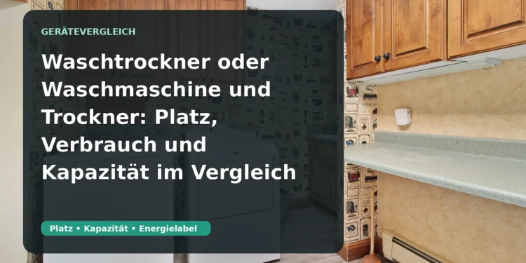 Waschmaschine und Trockner in einem Hauswirtschaftsraum; Titel: Waschtrockner oder Waschmaschine und Trockner: Platz, Verbrauch und Kapazität im Vergleich